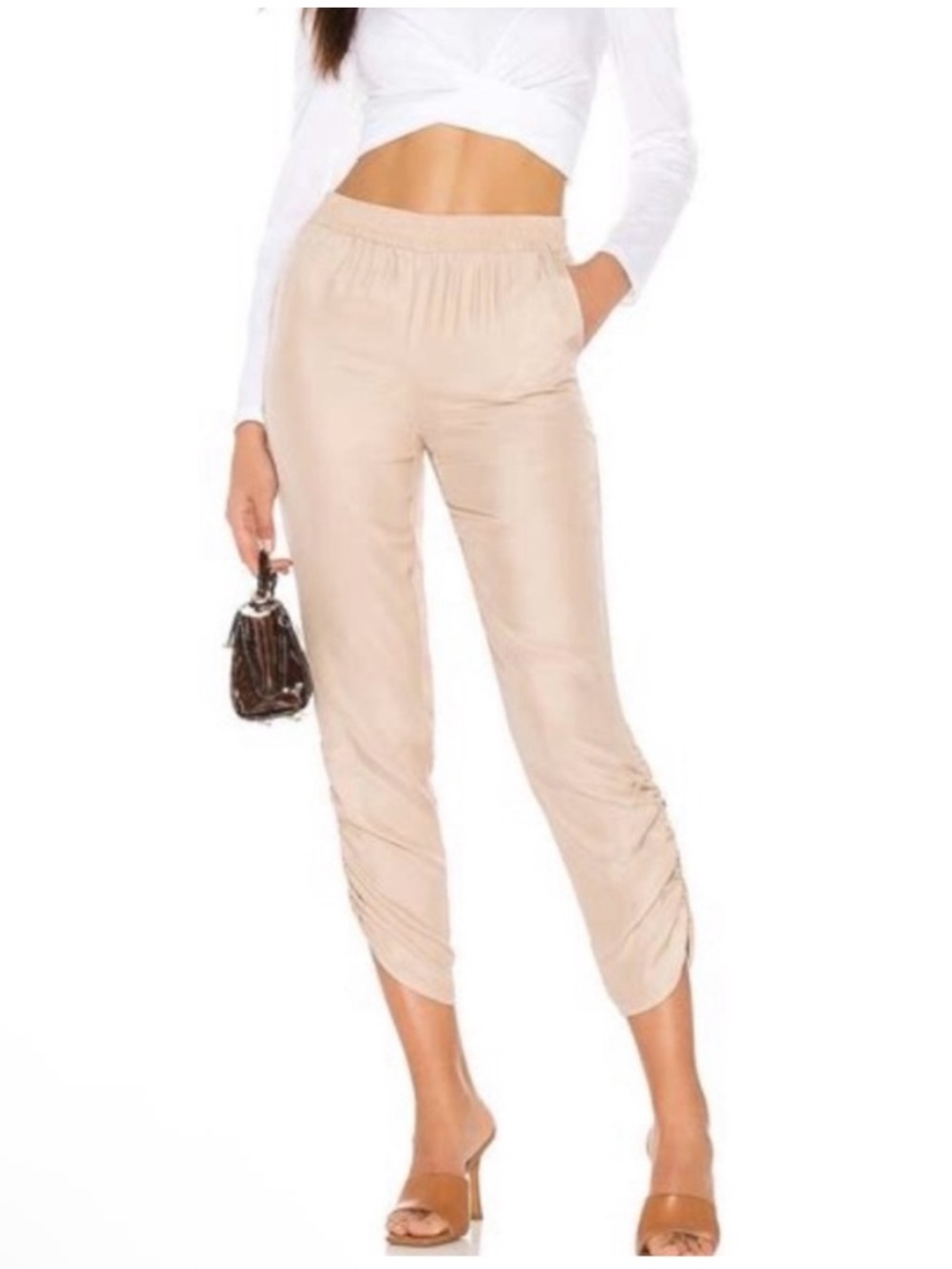 Amanda Uprichard Gillian Silk Luxury Pull On Ruched Cinched Hem Jogger Pants